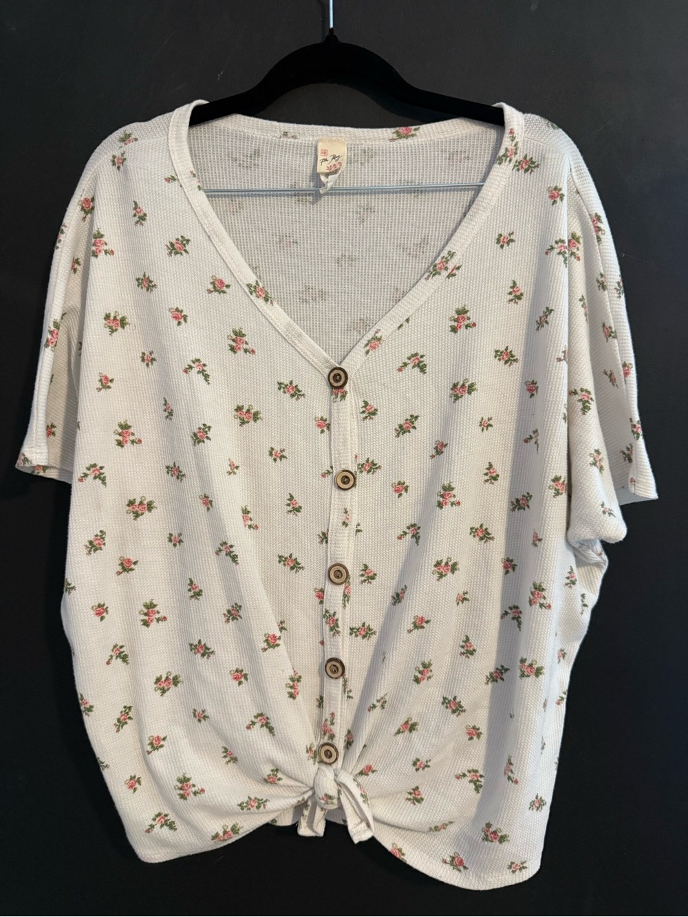 7th Ray White Button-Front Tie Top with Pink Floral Print